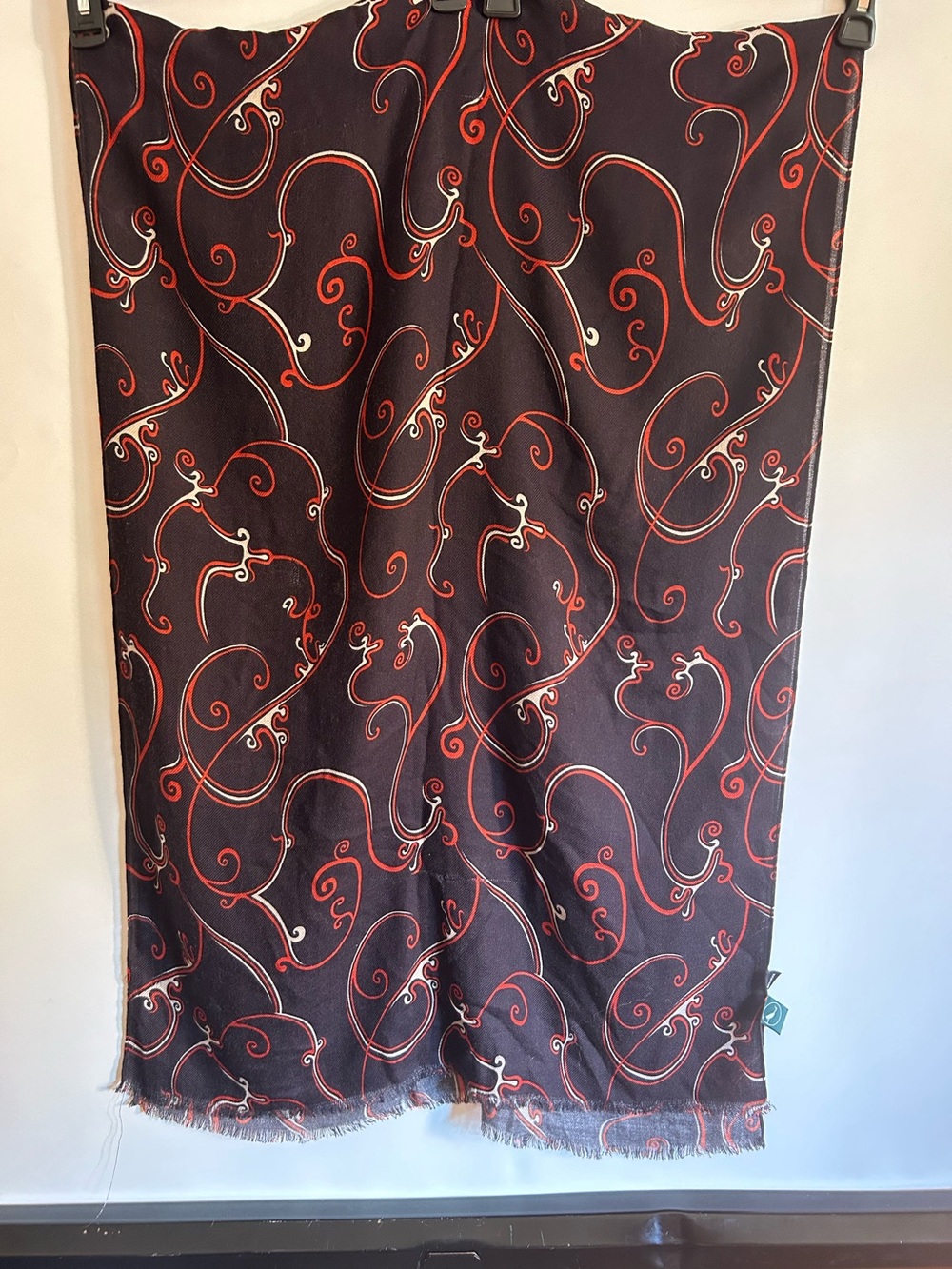 100% WOOL SWIRL PATTERNED RAW FRINGE OBLONG WRAP SCARF DK BROWN BLACK COLOR